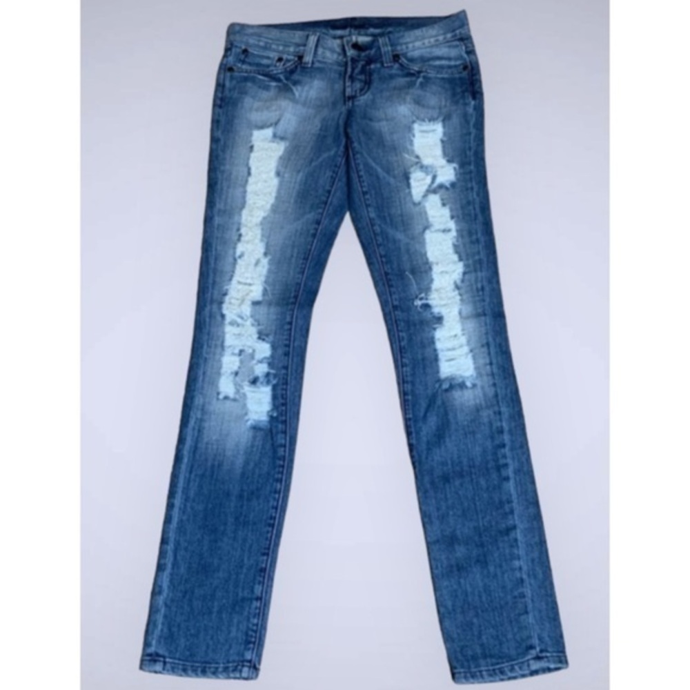 BeBe Carmen Tattered Ripped Faded Distressed Skinny Mid Rise Jeans 26